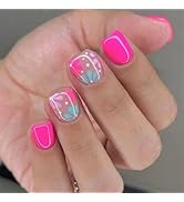 24 Pcs Pink Square Press on Nails Short Fake Nails Cute Floral False Nails Spring Summer Flower N...