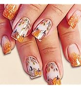 Sparkly Pumpkins French Press on Nails Fall Leaves Acrylic Fake Nails Medium Square Glossy Gold G...