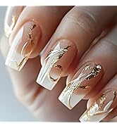 24Pcs White Curve Line Press on Nails Yellow Gradient Medium Square Fake Nails Glossy Gold Glitte...