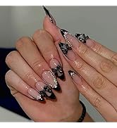 French Tip Press on Nails Almond Fake Nails with Designs Medium Artificial Nails Black Bow Rhines...