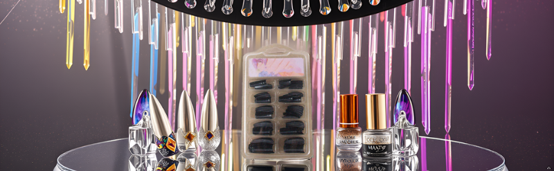 A stylish vanity table with various nail art tools and accessories neatly arranged, showcasing the p