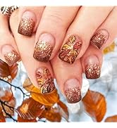 24Pcs Maple Leaf Press on Nails Glossy Brown Glitter Short Square False Nail Thanksgiving Press o...