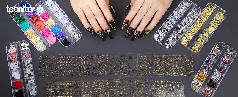 6 Boxes Nail Charms with 15pcs Nail Stickers, Tweezer, Wax Pencil