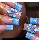 French Tip Press on Nails Medium Square Fake Nails with Design 3D Flower Blue Checkered Gold Curv...