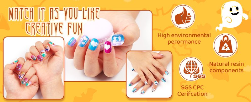 Nail art product featuring colorful designs on fingernails. Icons indicate high environmental performance, natural resin components, and SGS CPC certification.