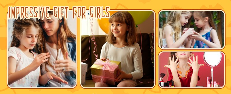 Collage of images showing various gift-giving scenarios, featuring women and girls exchanging presents and reacting with excitement.