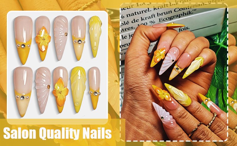 Handmade Press On Nails Stiletto, Pink Press On Nails Long, Flower 3D Nails Acrylic French Tip