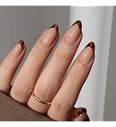BTArtbox Press On Nails Short Almond - Winter French Tip Press On Nails, Soft Gel Fake Nails Brow...
