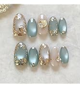 24Pcs Gold Flower Press on Nails Medium Almond Fake Nails 3D Flower with Pearl Full Cover Gold Ch...