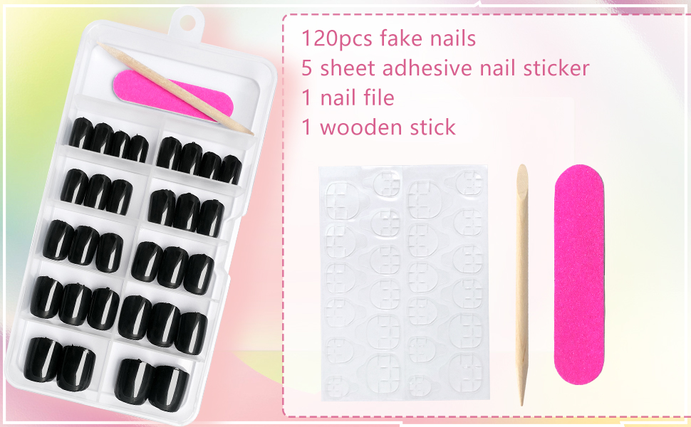 press on black nails, french tip presss on nails, press on nails short square, acrylic fake nails