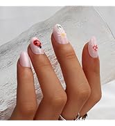 3D Nature Press On Nails Short Oval 24PCS Cute Fake Nails with Butterfly, Ladybug, Mushroom & Flo...