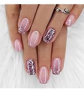 Press on Nails Medium Square Fake Nails with Glitter Sequins Designs Gradient Nails Press ons Glo...