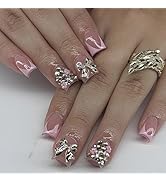 Pink Press on Nails Short Square Fake Nails French Tip False Nails with 3D Silver Bow Design Glue...