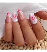 Mivota 3D Flower Press On Nails Short Almond – 24PCS Pink French Fake Nails with Rhinestones, Glo...