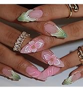 Pink French Tip Press on Nails Long Square 3d Flower Bow Hearts Charm Glitter Pearls Rhinestone D...