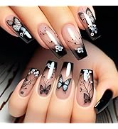 24Pcs Black Butterfly Press on Nails Glossy White Flower Medium Coffin False Nail Gradient Acryli...