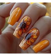 Glitter Yellow Flower Press on Nails Medium Coffin Fake Nails Flower False Nails with Sunflower D...