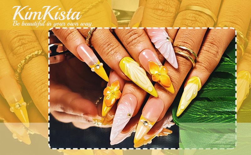 Handmade Press On Nails Stiletto, Pink Press On Nails Long, Flower 3D Nails Acrylic French Tip