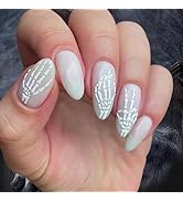 Halloween White Press on Nails Medium Almond with 3D Skeleton Design Glue on Glossy Acrylic Full ...