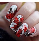 Fall Press on Nails Medium Square Fake Nails with Design Autumn Orange Red Maple Leaf False Nails...