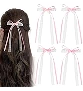 CustomyLife 4pcs Pink Lace Hair Bow Clips Pink White Coquette Snap Barrettes with Long Ribbons Cu...