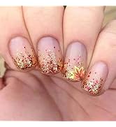 Maple Leaf Press on Nails Fall Leaves Gel Glue on Acrylic Fake Nails 24Pcs Glossy Yellow Gradient...