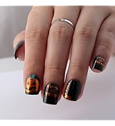 Halloween Press on Nails Short Square, Black with Orange Jack-o’-Lantern and “Trick or Treat” Let...
