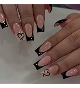Black French Tip Press on Nails Coffin - Medium Fake Nails with Heart Design - Glossy Full Cover ...