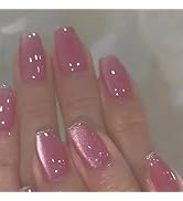 Cat Eye Press on Nails Short Coffin Fake Nails with Glitter French Designs Pink Nails Press ons G...