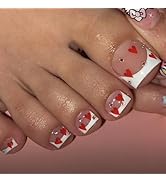 White French Press on Toenails Short Square Fake Toenails Red Heart Toe Nail Tips French with Rhi...