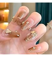 Medium Press on Nails Coffin Fake Nails with 3D Rhinestones Pearl Charms Designs Brown Nails Pres...