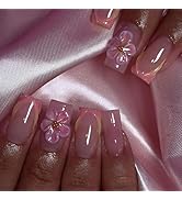 Spring Press on Nails Square Medium Fake Nails with Flower Designs French Tip Nails Press ons Glo...
