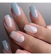 Coffin Press on Nails Short Fake Nails with Marble Designs Acrylic Nails Press ons Glossy Glue on...
