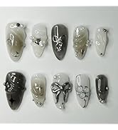 24 Pcs Handmade Press on Nails Short Almond Nail Tips,YEFIUO Black Retro Acrylic Fake Nails Press...