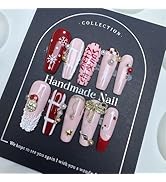 10Pcs Handmade Christmas Press on Nails Long French Tip Fake Nails with 3D Bow Pearl Design Thick...
