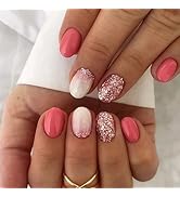 Short Press on Nails Oval Fake Nails with Glitter Designs Pink Nails Press ons Glossy Glue on Nai...