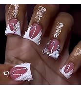 Duck Press on Nails Medium Fake Nails with 3D Flower Rhinestones Designs White French Tip Nails P...
