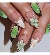 24Pcs White Flower Nails Handmade Press on Nails Medium Almond French Tip Fake Nails with 3D Star...