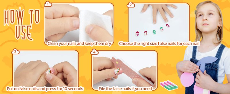 Step-by-step instruction guide for applying press-on nails, showing four sequential hand poses demonstrating the application process.