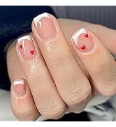 Valentine's Day Love Heart Press on Nails Square White French Tip Heart Fake Nails with Red Love ...
