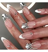 Medium Press on Nails Almond Fake Nails with 3D Bow Pearl Charm Designs White French Tip Nails Pr...