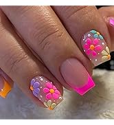 24PCS Flower Press on Nails Short Square Pink Fake Nails Spring Summer Colorful Daisy Designs Ful...