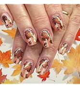 Maple Leaf Press on Nails Glossy Gold Foil Medium Square False Nail 24Pcs Thanksgiving Press ons ...