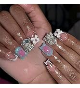 Short Press on Nails Square Fake Nails French Tip False Nails with 3D Bow Butterfly Charms Design...