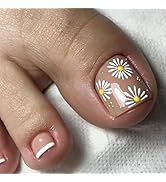 Pink Press on Toenails Short Square Fake Nails Acrylic Glossy False Toe Nails with Summer Daisy F...