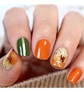 Maple Leaf Press on Nails Fall Leaves Gel Glue on Acrylic Fake Nails 24Pcs Glossy Gold Glitter Sh...