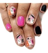 Halloween Press on Nails Short Square Fake Nails with Bat Spider Ghost Designs Black Nails Press ...