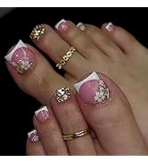 White French Tip Press on Toenails Pink Fake Toenails Short Square False Toenails with 3D Flower ...