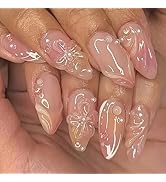 24 Pcs Handmade Press on Nails Short Almond Nail Tips,YEFIUO French Acrylic Fake Nails Press ons ...