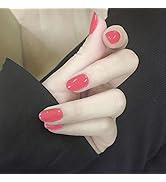 Rose Red Press-On Nails Short Oval False Nails Solid Color Rose Red Full Cover Glossy Gel Nails R...